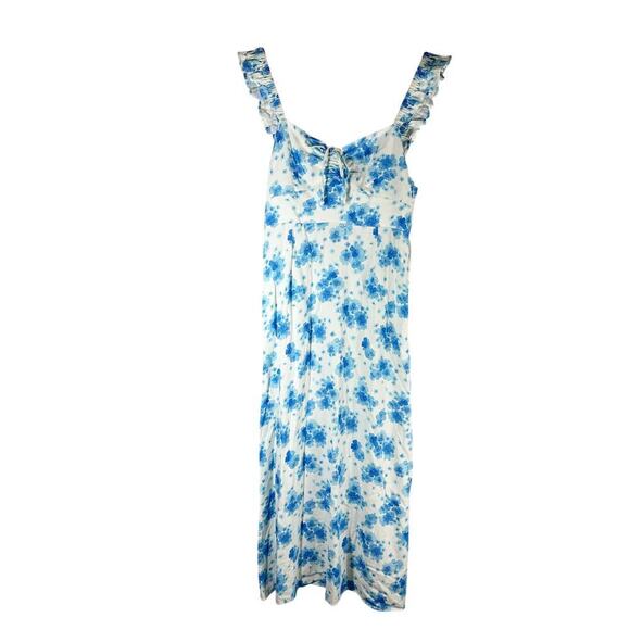 Rixo Cecile Blue Victoria Floral Midi Sun Dress Size US 10 Large Linen Blend - Picture 2 of 13